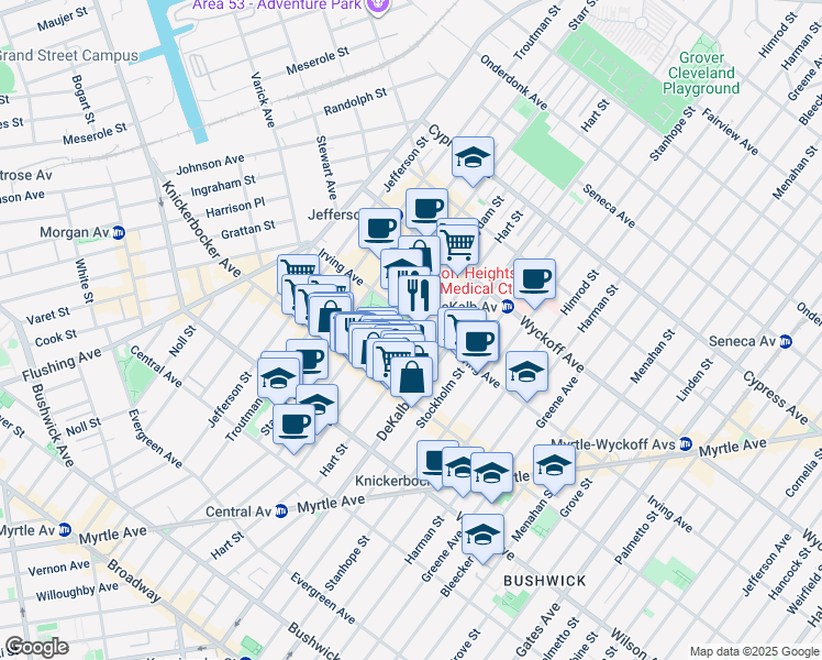 map of restaurants, bars, coffee shops, grocery stores, and more near 288 Suydam Street in Brooklyn