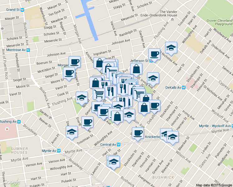 map of restaurants, bars, coffee shops, grocery stores, and more near 236 Jefferson Street in Brooklyn