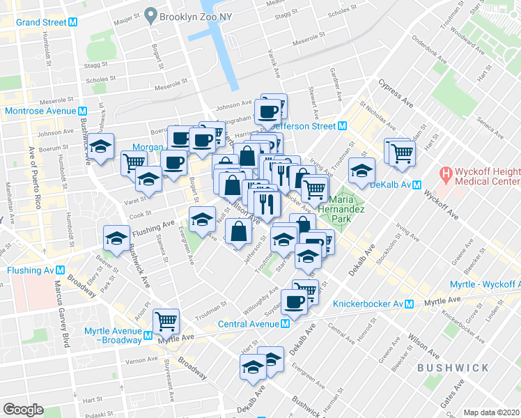 map of restaurants, bars, coffee shops, grocery stores, and more near 55 Wilson Avenue in Brooklyn