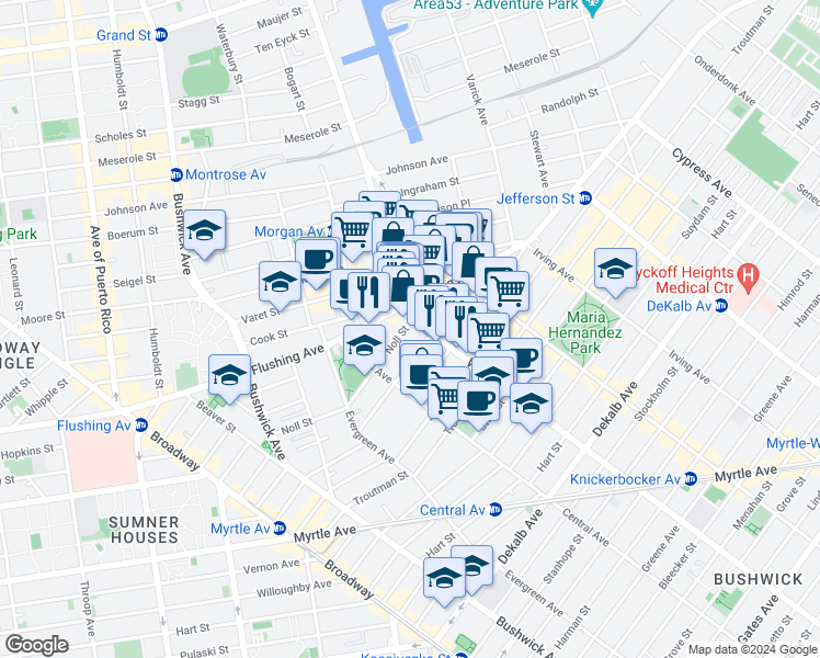 map of restaurants, bars, coffee shops, grocery stores, and more near 85 George Street in Brooklyn