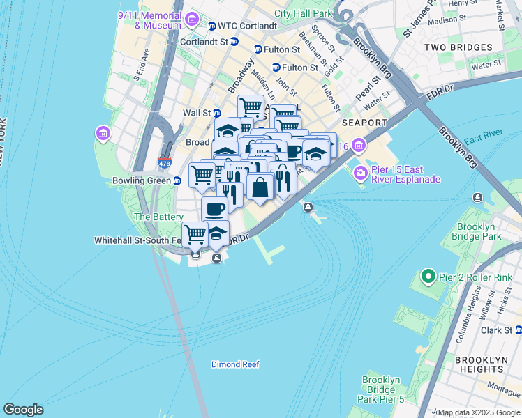 map of restaurants, bars, coffee shops, grocery stores, and more near 1 Avenue Of The Americas in New York