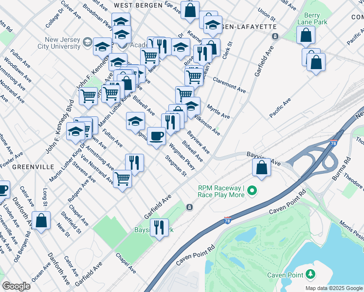 map of restaurants, bars, coffee shops, grocery stores, and more near 38 Wegman Parkway in Jersey City