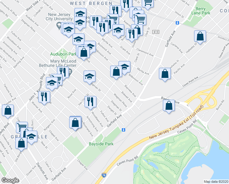 map of restaurants, bars, coffee shops, grocery stores, and more near 60 Stegman Street in Jersey City
