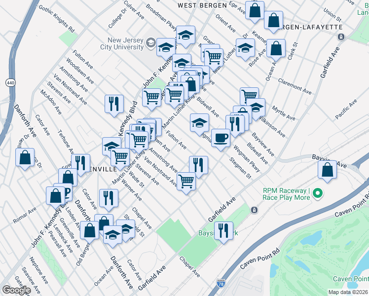 map of restaurants, bars, coffee shops, grocery stores, and more near 118-120 Woodlawn Avenue in Jersey City