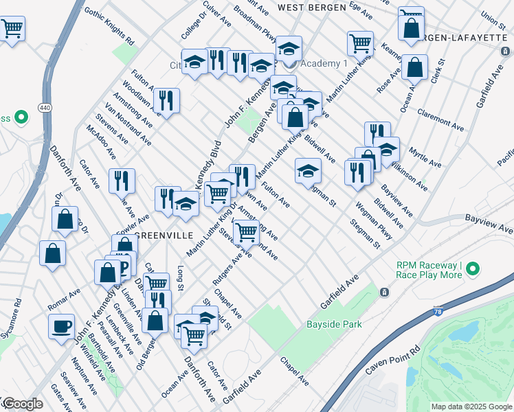 map of restaurants, bars, coffee shops, grocery stores, and more near 164 Rose Avenue in Jersey City