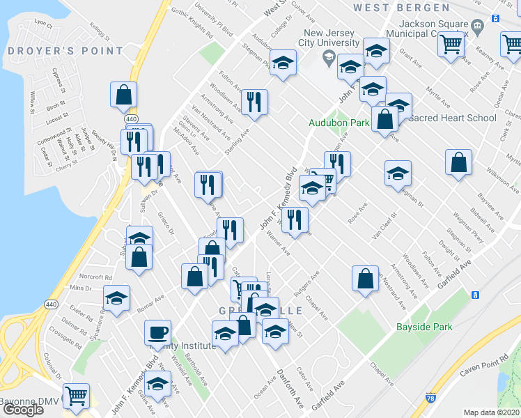 map of restaurants, bars, coffee shops, grocery stores, and more near in Jersey City