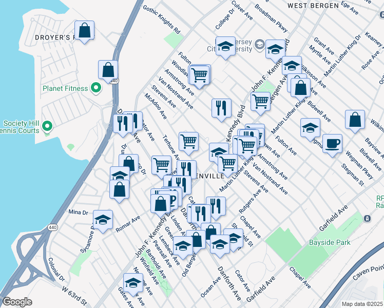 map of restaurants, bars, coffee shops, grocery stores, and more near 40 Terhune Avenue in Jersey City