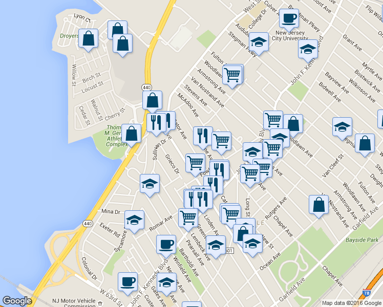map of restaurants, bars, coffee shops, grocery stores, and more near 315 Cator Avenue in Jersey City