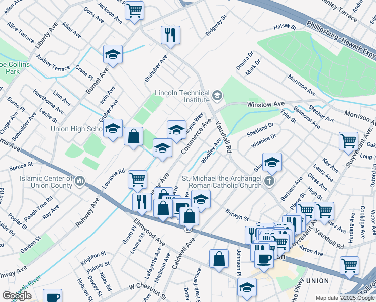 map of restaurants, bars, coffee shops, grocery stores, and more near 1133 Jeanette Avenue in Union