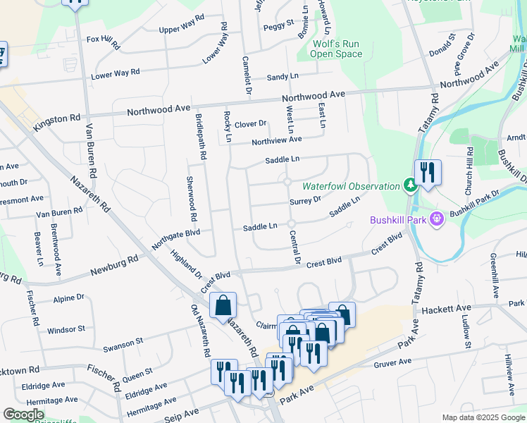 map of restaurants, bars, coffee shops, grocery stores, and more near 15 Surrey Dr in Easton