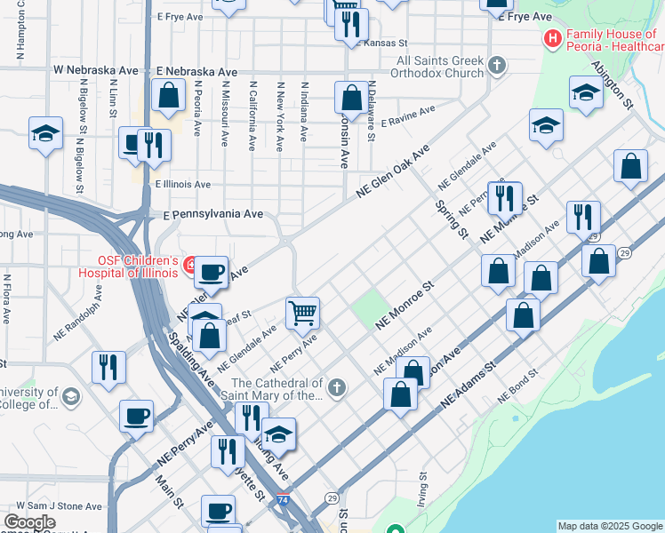 map of restaurants, bars, coffee shops, grocery stores, and more near 708 Morgan Street in Peoria