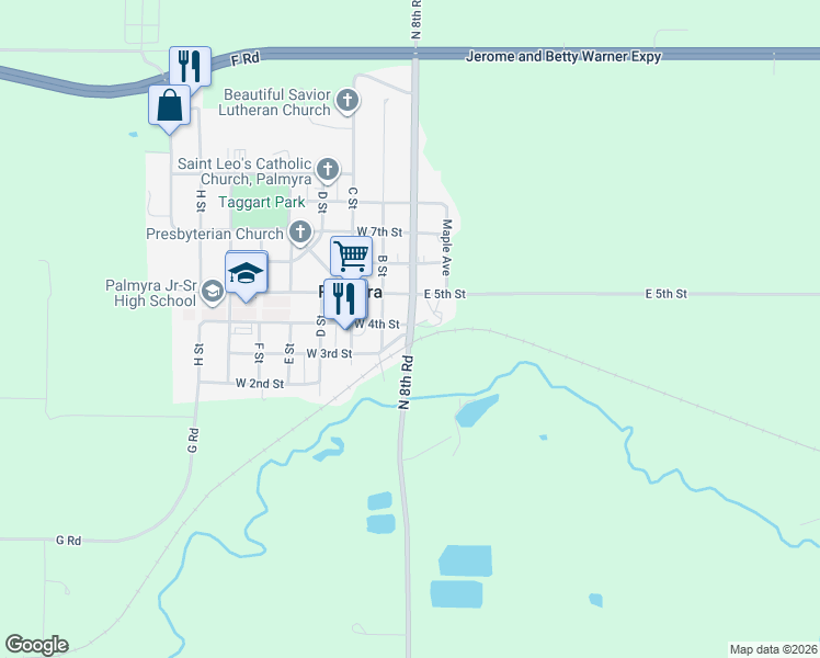 map of restaurants, bars, coffee shops, grocery stores, and more near 301 A Street in Palmyra