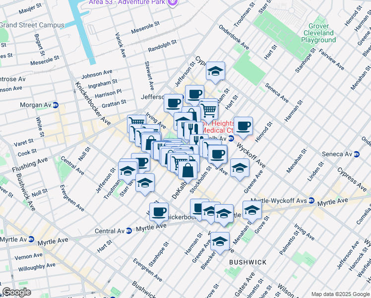 map of restaurants, bars, coffee shops, grocery stores, and more near 288 Suydam Street in Brooklyn