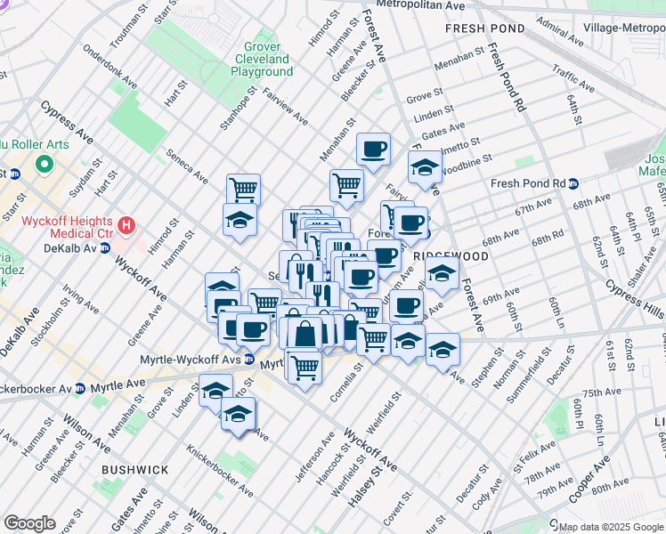 map of restaurants, bars, coffee shops, grocery stores, and more near 18-15 Palmetto Street in Queens