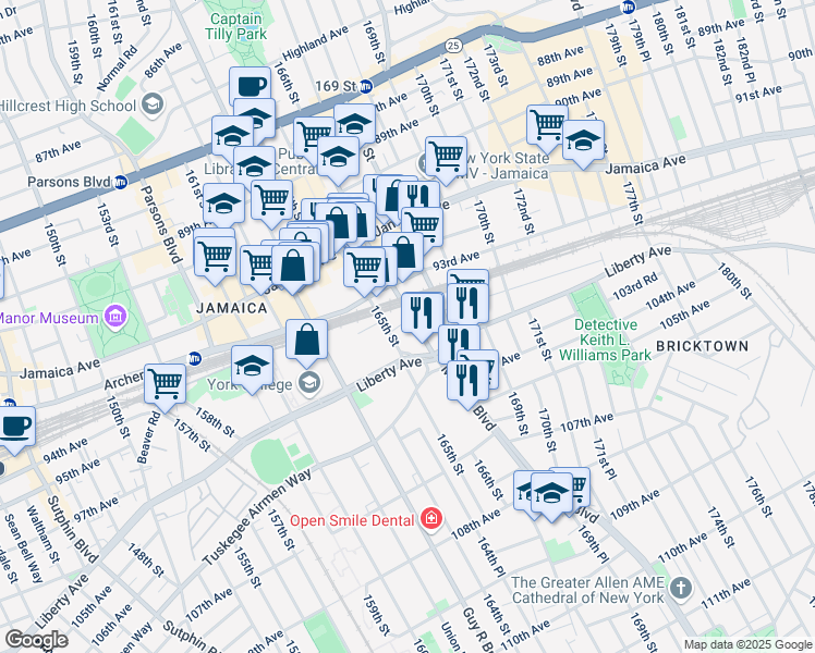 map of restaurants, bars, coffee shops, grocery stores, and more near 93-99 165th St in Queens