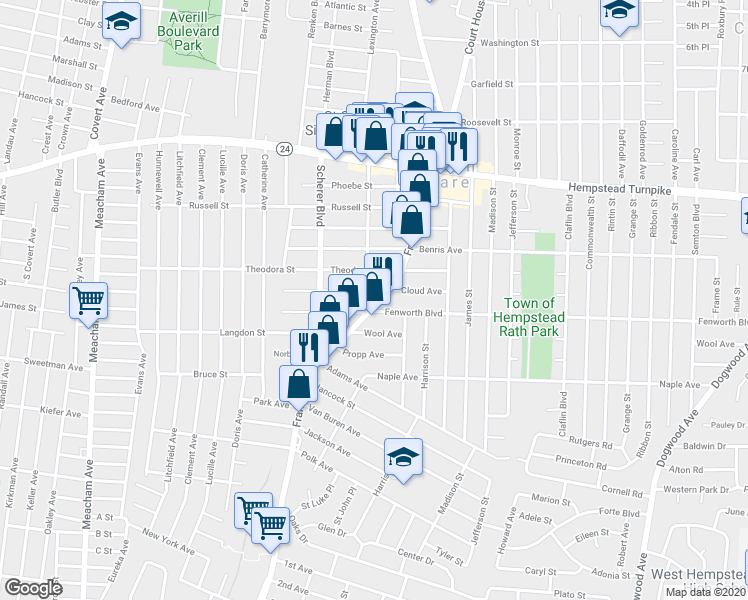 map of restaurants, bars, coffee shops, grocery stores, and more near 180 Franklin Avenue in Franklin Square