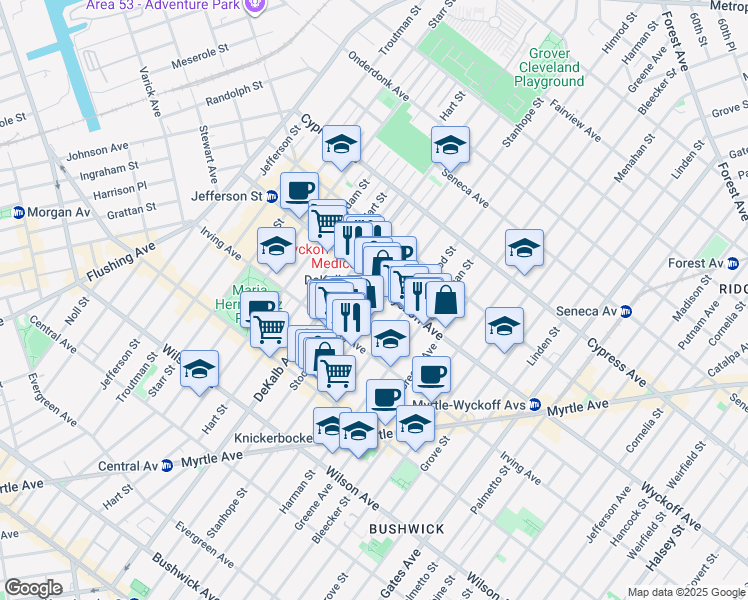 map of restaurants, bars, coffee shops, grocery stores, and more near 300 Stanhope Street in Brooklyn