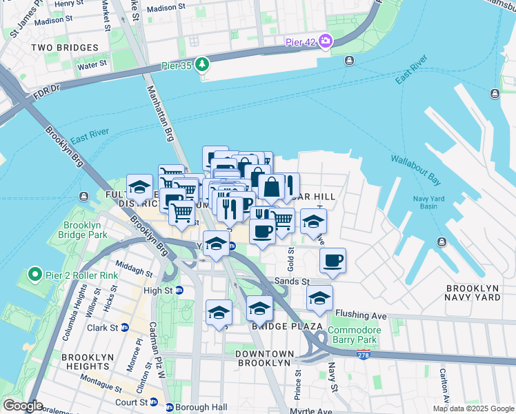 map of restaurants, bars, coffee shops, grocery stores, and more near 71 Bridge Street in Brooklyn
