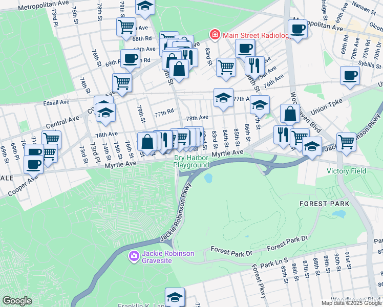 map of restaurants, bars, coffee shops, grocery stores, and more near 80-11 Myrtle Avenue in Queens