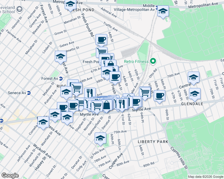 map of restaurants, bars, coffee shops, grocery stores, and more near 60-83 70th Avenue in Queens