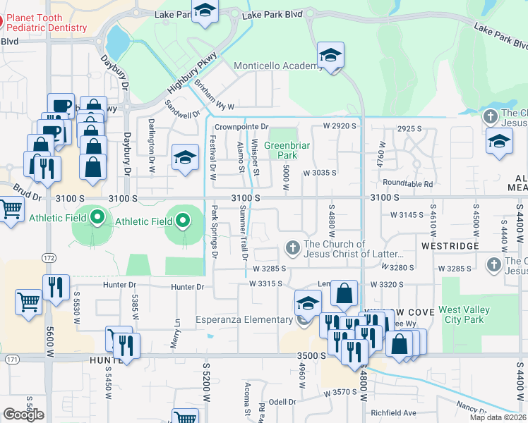 map of restaurants, bars, coffee shops, grocery stores, and more near 5071 Park Commons Way in West Valley City