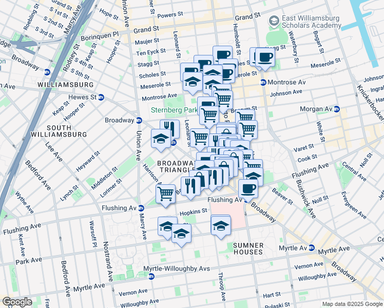 map of restaurants, bars, coffee shops, grocery stores, and more near 640 Broadway in Brooklyn