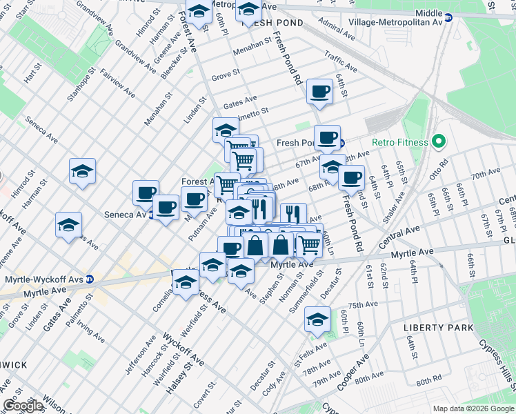 map of restaurants, bars, coffee shops, grocery stores, and more near 68-59 Forest Avenue in Queens