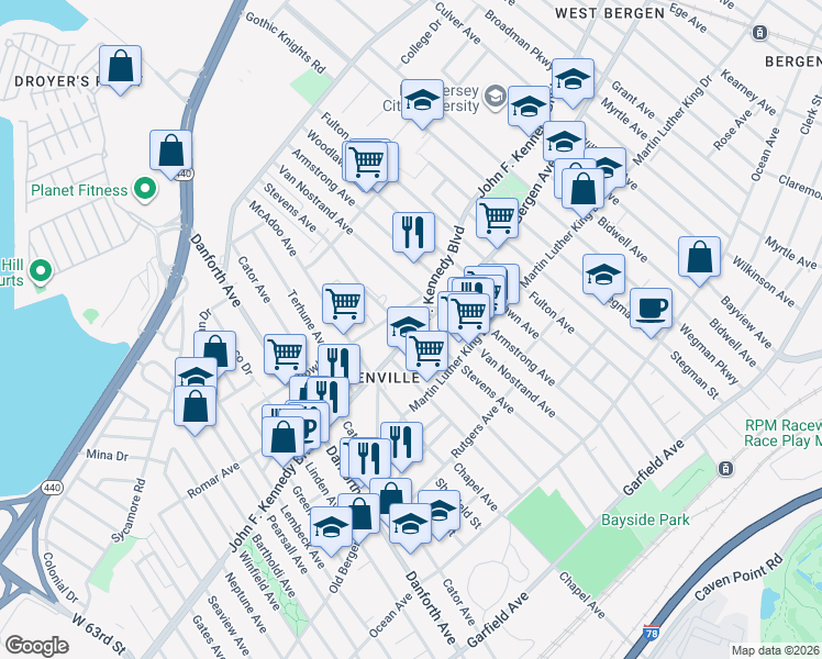 map of restaurants, bars, coffee shops, grocery stores, and more near 1832 John F. Kennedy Boulevard in Jersey City