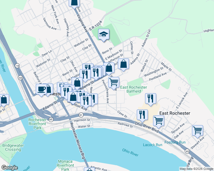 map of restaurants, bars, coffee shops, grocery stores, and more near 192 1-12 Pennsylvania Avenue in Rochester