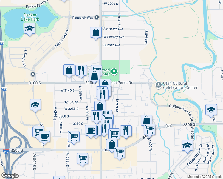 map of restaurants, bars, coffee shops, grocery stores, and more near 1645 Vivante Way in West Valley City