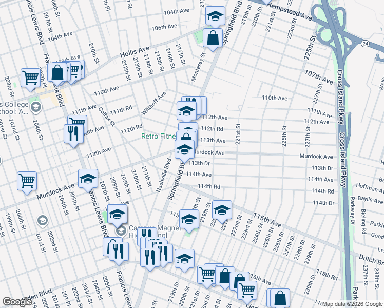 map of restaurants, bars, coffee shops, grocery stores, and more near 113-57 Springfield Boulevard in Queens