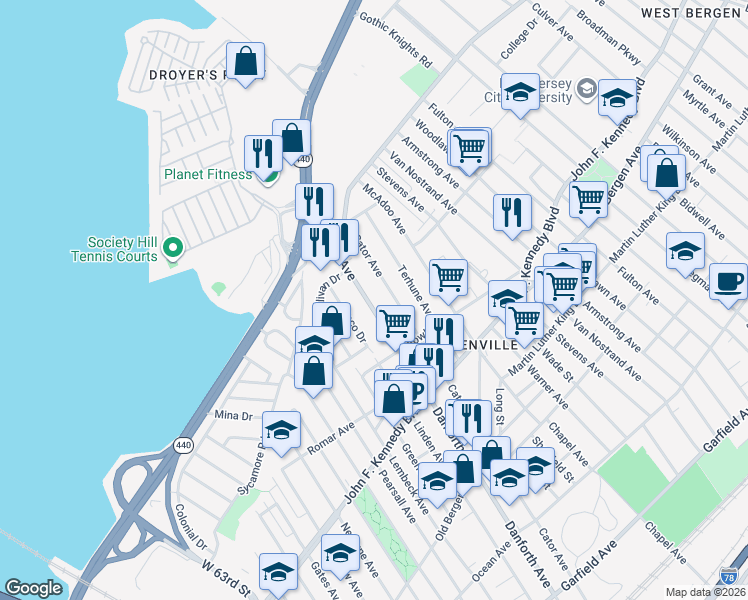 map of restaurants, bars, coffee shops, grocery stores, and more near 350 Danforth Avenue in Jersey City