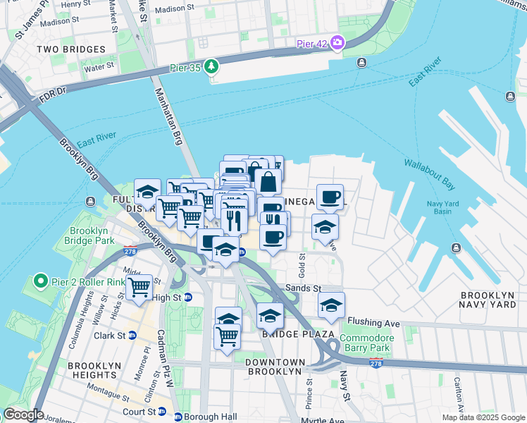 map of restaurants, bars, coffee shops, grocery stores, and more near 71 Bridge Street in Brooklyn
