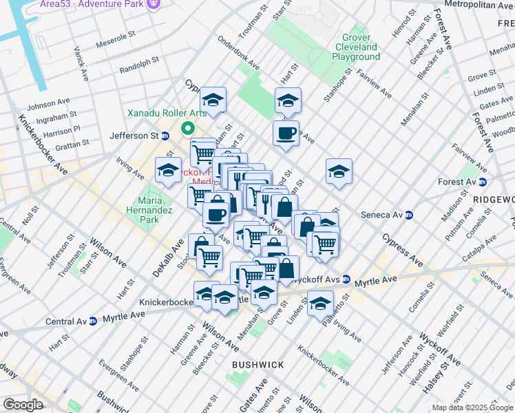 map of restaurants, bars, coffee shops, grocery stores, and more near 179 Wyckoff Avenue in Brooklyn