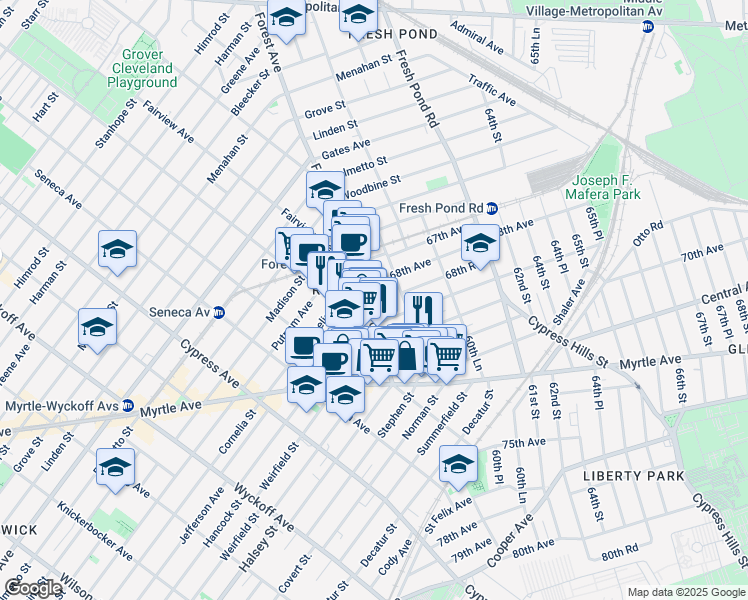 map of restaurants, bars, coffee shops, grocery stores, and more near 68-59 Forest Avenue in Queens