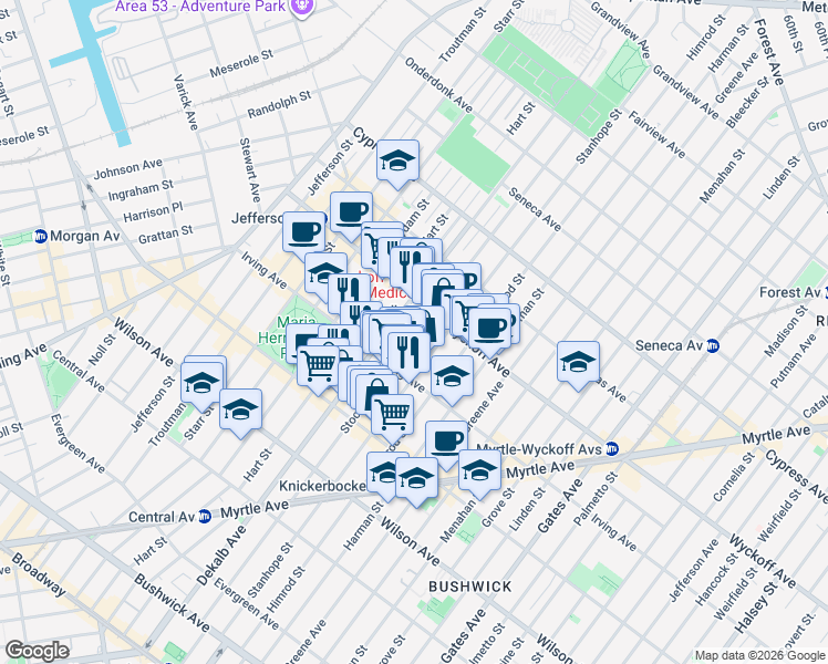 map of restaurants, bars, coffee shops, grocery stores, and more near in Brooklyn
