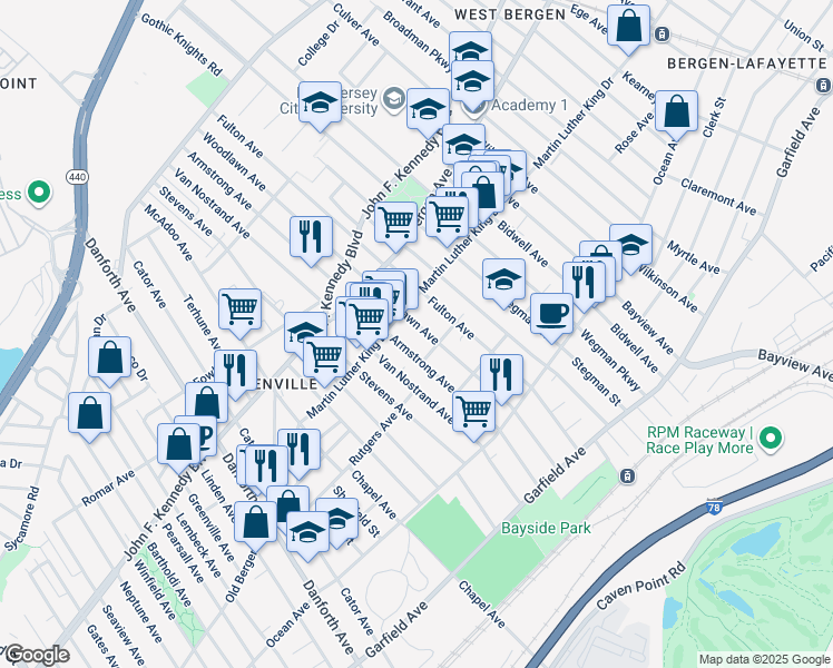 map of restaurants, bars, coffee shops, grocery stores, and more near 164 Rose Avenue in Jersey City