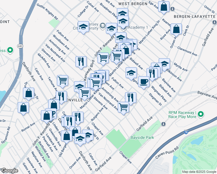 map of restaurants, bars, coffee shops, grocery stores, and more near 157 Woodlawn Avenue in Jersey City