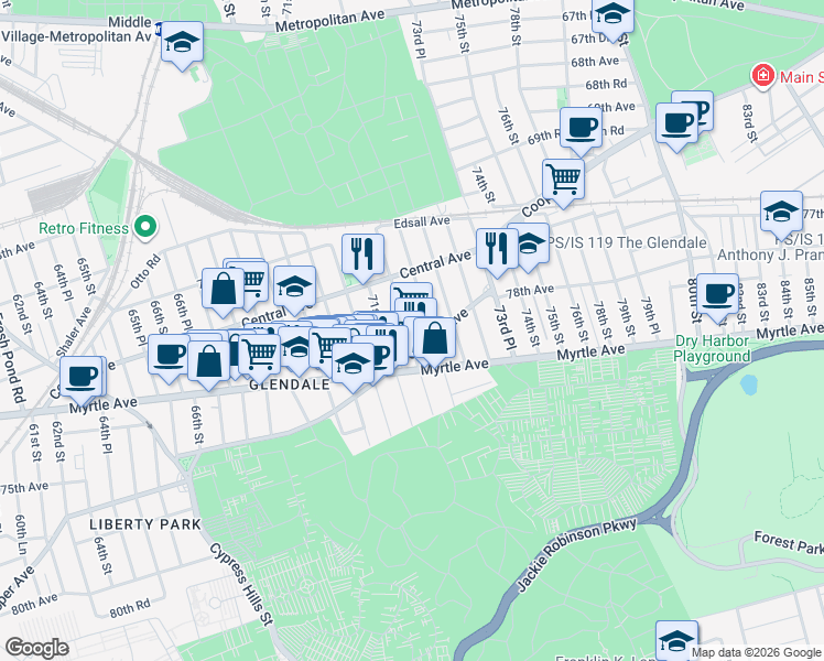 map of restaurants, bars, coffee shops, grocery stores, and more near 71-66 71st Place in Queens