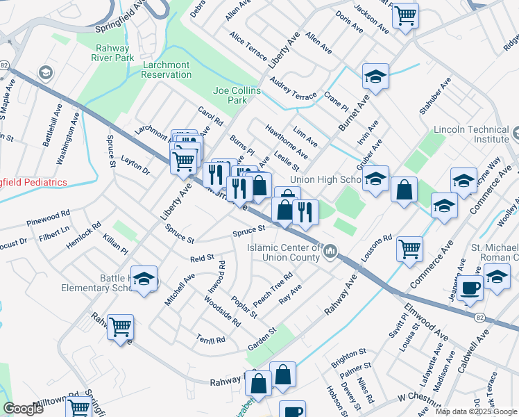 map of restaurants, bars, coffee shops, grocery stores, and more near 2559 Morris Avenue in Union