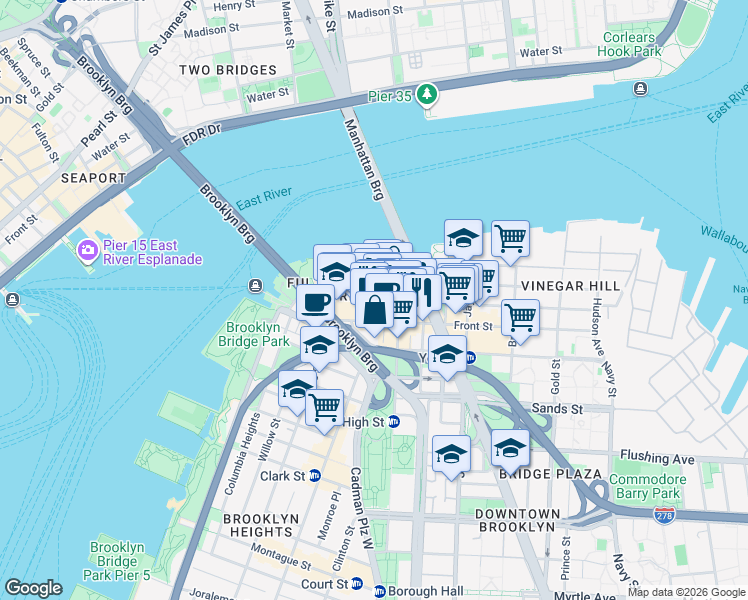 map of restaurants, bars, coffee shops, grocery stores, and more near Main Street in Brooklyn
