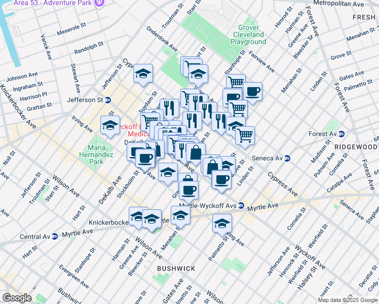 map of restaurants, bars, coffee shops, grocery stores, and more near 187 Saint Nicholas Avenue in Brooklyn
