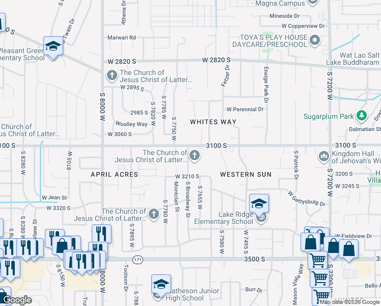 map of restaurants, bars, coffee shops, grocery stores, and more near 3129 South Broadway Street in Magna