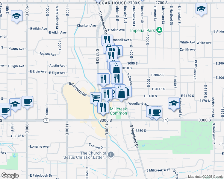 map of restaurants, bars, coffee shops, grocery stores, and more near 3098 Highland Drive in Salt Lake City