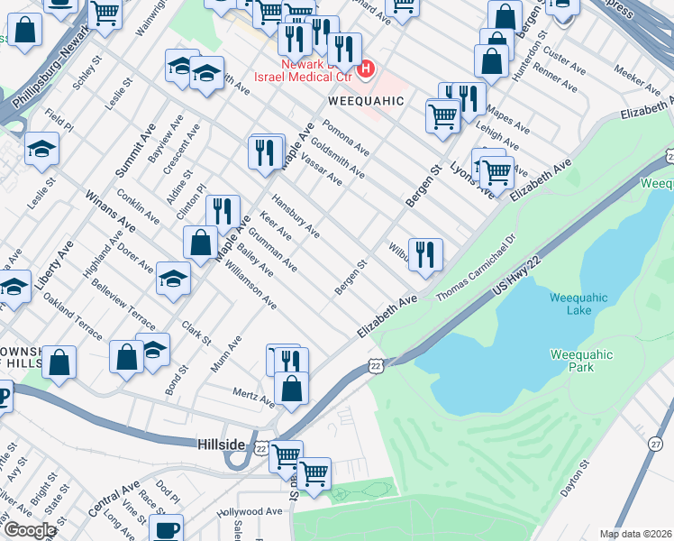 map of restaurants, bars, coffee shops, grocery stores, and more near 80-82 Hansbury Avenue in Newark