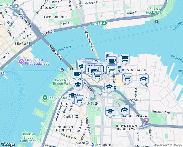 map of restaurants, bars, coffee shops, grocery stores, and more near Main Street in Brooklyn