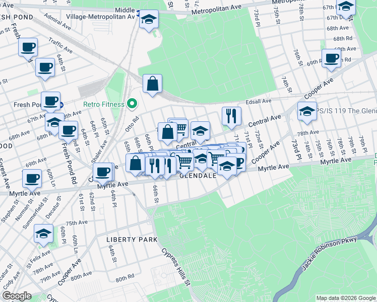 map of restaurants, bars, coffee shops, grocery stores, and more near 70-35 68th Street in Queens
