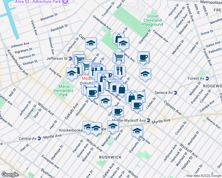 map of restaurants, bars, coffee shops, grocery stores, and more near 371 Himrod Street in Brooklyn