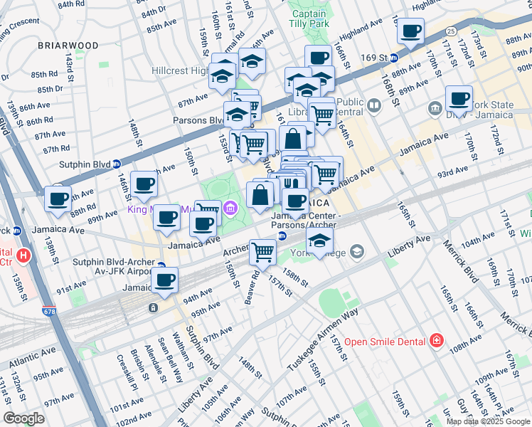 map of restaurants, bars, coffee shops, grocery stores, and more near 155-19 Jamaica Avenue in Queens