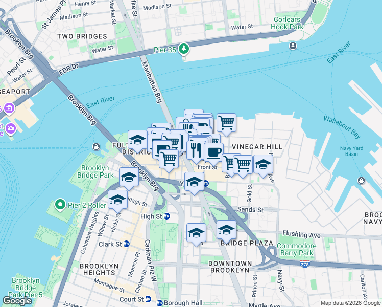 map of restaurants, bars, coffee shops, grocery stores, and more near 155 Water Street in Brooklyn
